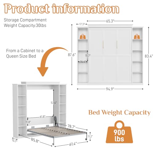 Queen Murphy Bed with Storage Bookcase & Adjustable Shelves, Foldable Wall Bedframe, White U7258