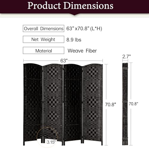 Rose Home Fashion 6 ft Tall Room Divider 4 Panel Folding Privacy Screen, Dark Coffee C8634