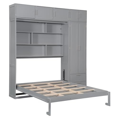 Merax Queen Murphy Bed with Shelves and Wardrobe, White A610744