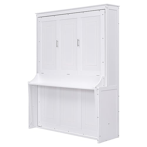 Queen Size Murphy Bed with Foldable Shelf/Desk, Solid Pine Wood, White P330