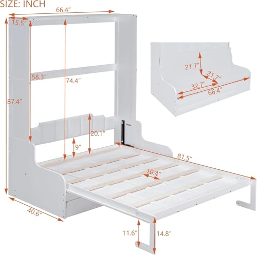 MERITLINE Queen Murphy Bed with Couch and Storage Shelves, White M951