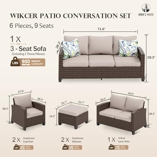 HERA'S HOUSE Patio Furniture Set with 56" Fire Pit Table, 6 Pieces 7 Seats Wicker Sectional Z546196
