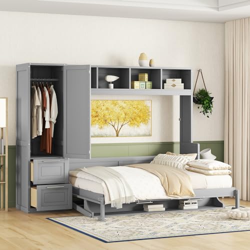 Linique Murphy Cabinet Wall Bed with Closet, Drawers and Top Shelf, Gray K190832