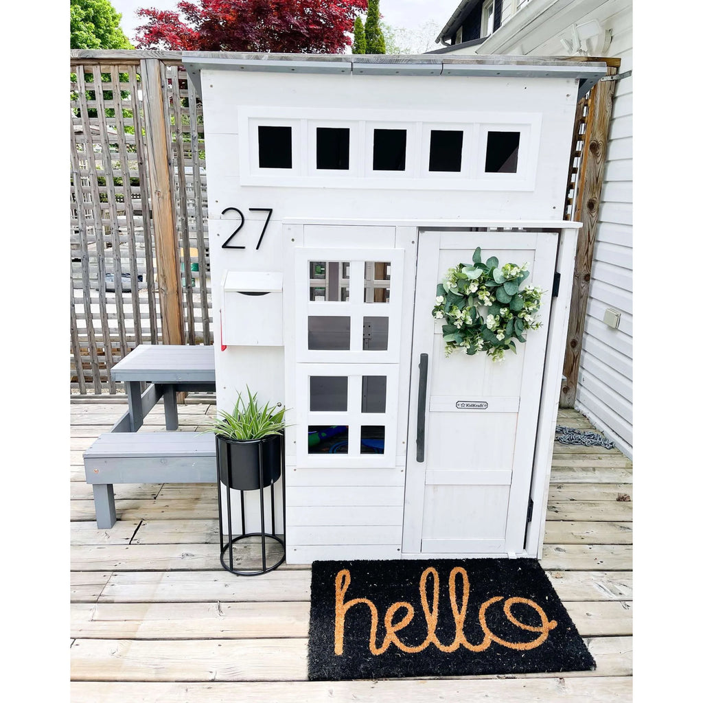 KidKraft Modern Outdoor Wooden Playhouse with Picnic Table, Mailbox & Grill, White P4610