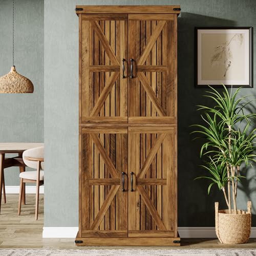 Tribesigns 71" Tall Kitchen Pantry, Farmhouse Storage Cabinet with Barn Doors and Adjustable Shelves, Rustic Wooden Cupboard for Kitchen, Dining Room, Brown