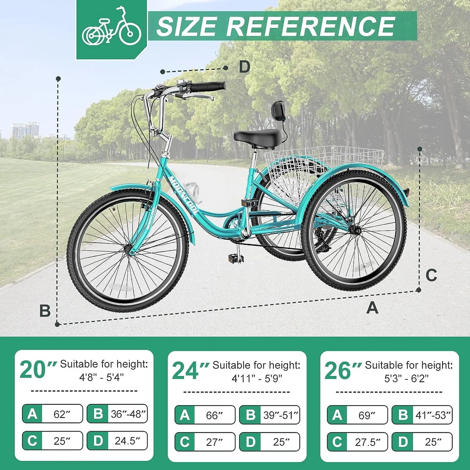 FICISOG 26 Adult Tricycle, 3 Wheel 7 Speed, 450lbs Capacity with Basket X547