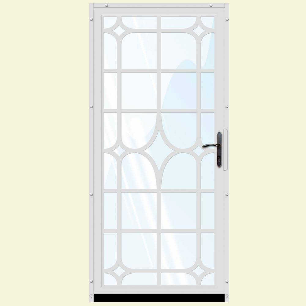 Unique Home Designs 36 in. x 80 in. Lexington White Surface Mount Steel Security Door with Shatter-Resistant Glass and Bronze Ha