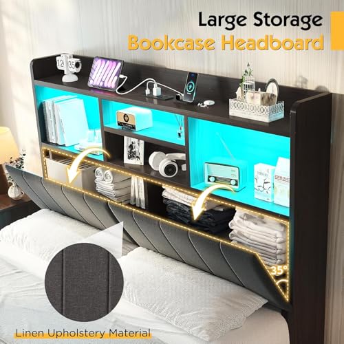 Farmhouse Bed Frame with Bookcase Headboard, LED Storage, Black G550865