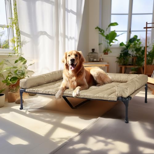 Veehoo Elevated Dog Bed with Removable Waterproof Bolster Cushion, Breathable Mesh, Indoor Outdoor, 42x30 inches, Beige U875430