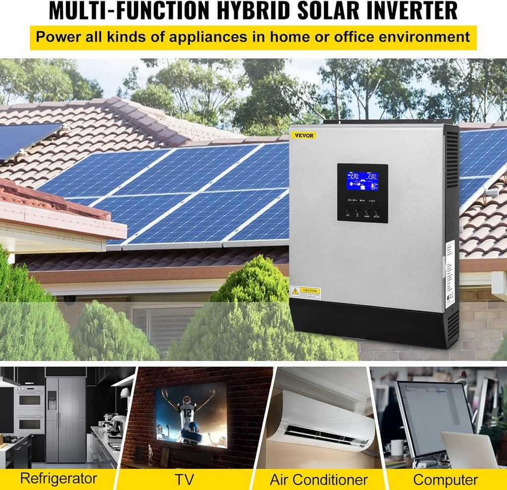 VEVOR Hybrid Solar Inverter 3KVA 2400W Pure Sine Wave Off-Grid 24VDC to 110VAC U169308