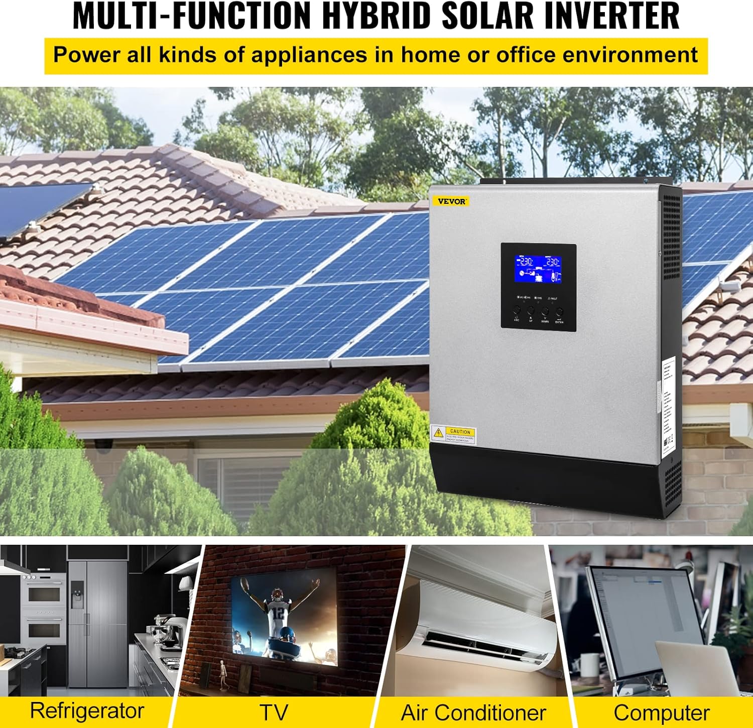 VEVOR Hybrid Solar Inverter 3KVA 2400W Pure Sine Wave Off-Grid 24VDC to 110VAC U169308
