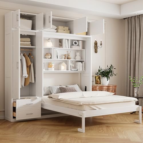 PURLOVE Wood Twin Murphy Bed with Light and USB, Gray W600663