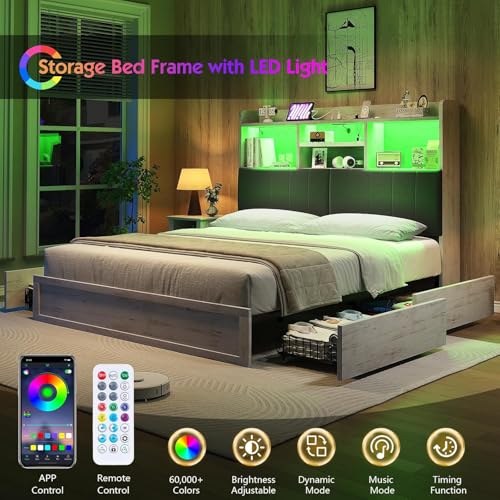 Farmhouse Bed Frame with Bookcase Headboard, LED Storage, Black G550865