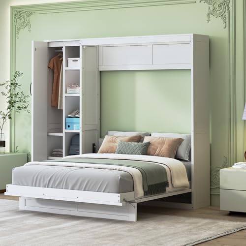 Harper & Bright Designs Queen Murphy Bed with Storage Shelves and LED Lights, Gray D9429