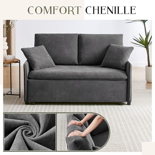 55" 3-in-1 Convertible Sleeper Sofa Bed with Adjustable Backrest, Chenille, Beige R49011