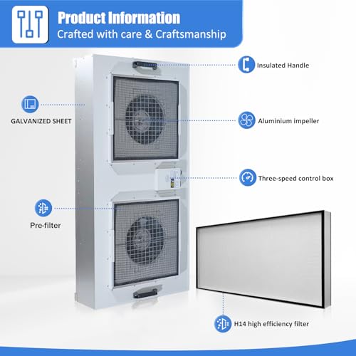 HEPA H14 Laminar Flow Hood with Fan Filter Unit, 22.6"x22.6" 110V, ISO Class 5 L625019