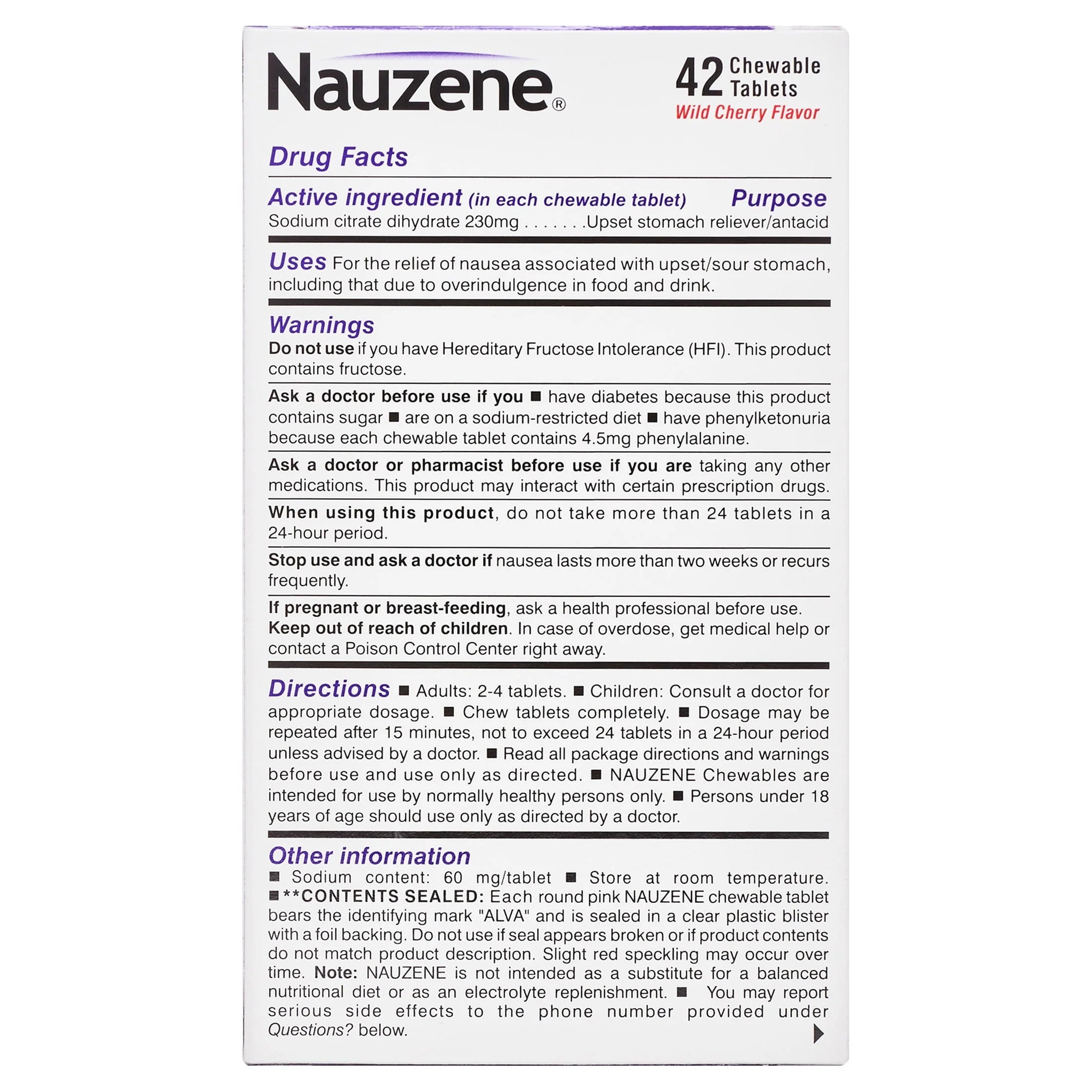 Nauzene Nausea Relief Chewable Tablets Wild Cherry, 42 Count F4449