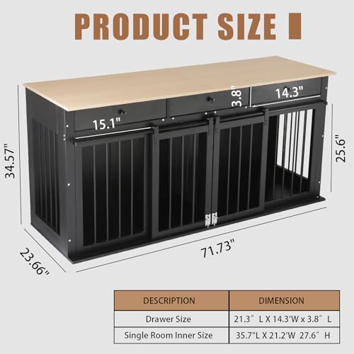 Sunseen Dog Crate Furniture Large Breed Wooden Kennel with Room Divider & 3 Drawer, Double Doors, Black F4828