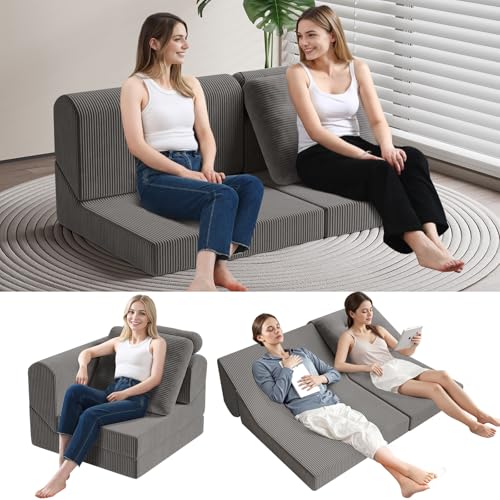 COMAX Folding Sofa Bed Convertible Chair Bed Corduroy 3-in-1 Floor Couch, Dark Grey E940