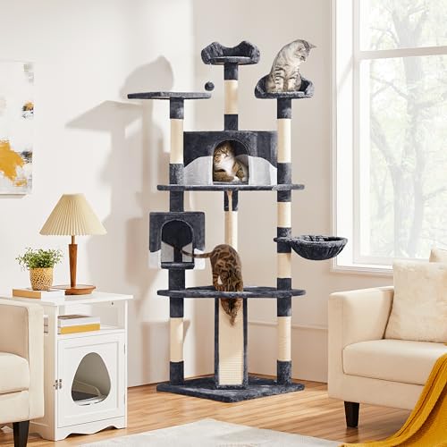 Yaheetech Multi-Level Cat Tree with Scratching Posts, Plush Perches and Condo, Dark Gray and White V70137