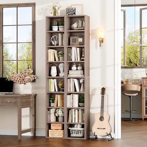 FOTOSOK 8-Tier Media Tower Rack, Tall Narrow Bookcase, Black/Brown W19438