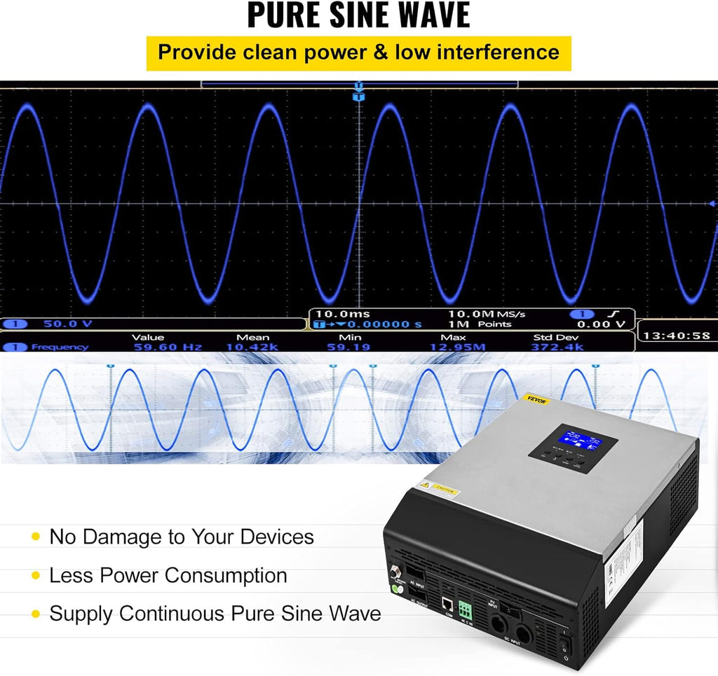 VEVOR Hybrid Solar Inverter 3KVA 2400W Pure Sine Wave Off-Grid 24VDC to 110VAC U169308