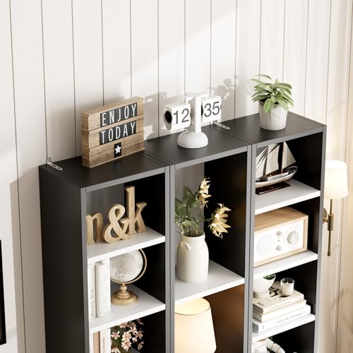 FOTOSOK 8-Tier Media Tower Rack, Tall Narrow Bookcase, Black/Brown W19438