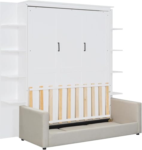 MERITLINE Queen Murphy Bed with Couch and Storage Shelves, White M951