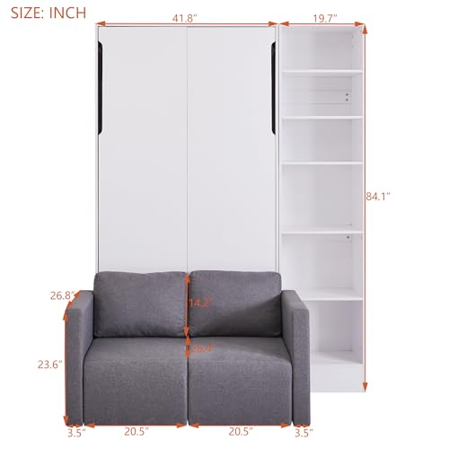 MERITLINE Queen Murphy Bed with Couch and Storage Shelves, White M951