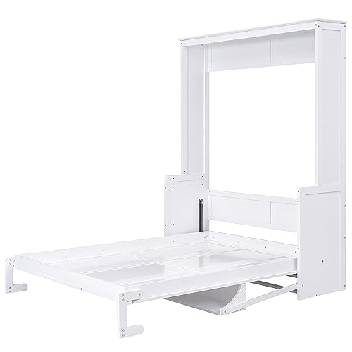 Queen Size Murphy Bed with Foldable Shelf/Desk, Solid Pine Wood, White P330
