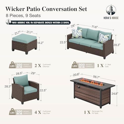 HERA'S HOUSE Patio Furniture Set with 56" Fire Pit Table, 6 Pieces 7 Seats Wicker Sectional Z546196