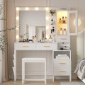 White Vanity Desk with Lighted Mirror and Chair, 5 Drawers Q413