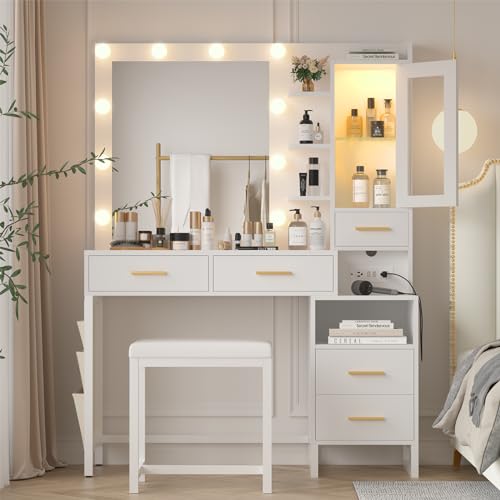 White Vanity Desk with Lighted Mirror and Chair, 5 Drawers Q413