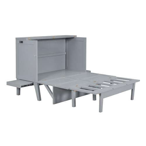 Full Size Murphy Bed with Drawers, Cabinets and USB Ports, Gray D589081