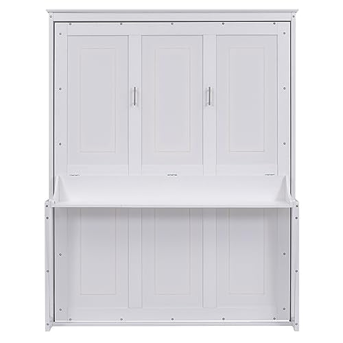 Queen Size Murphy Bed Wall Cabinet with 2 Wardrobes and Storage Shelf, White E955210