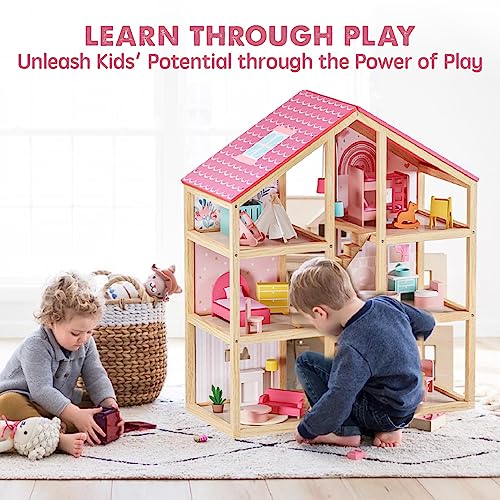 Tiny Land Wooden Dollhouse for Girls with 31Pcs Furniture Accessories, Green L263