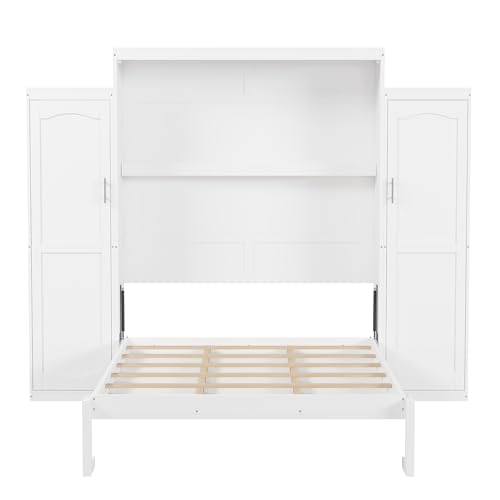 Queen Size Murphy Bed Wall Cabinet with 2 Wardrobes and Storage Shelf, White E955210