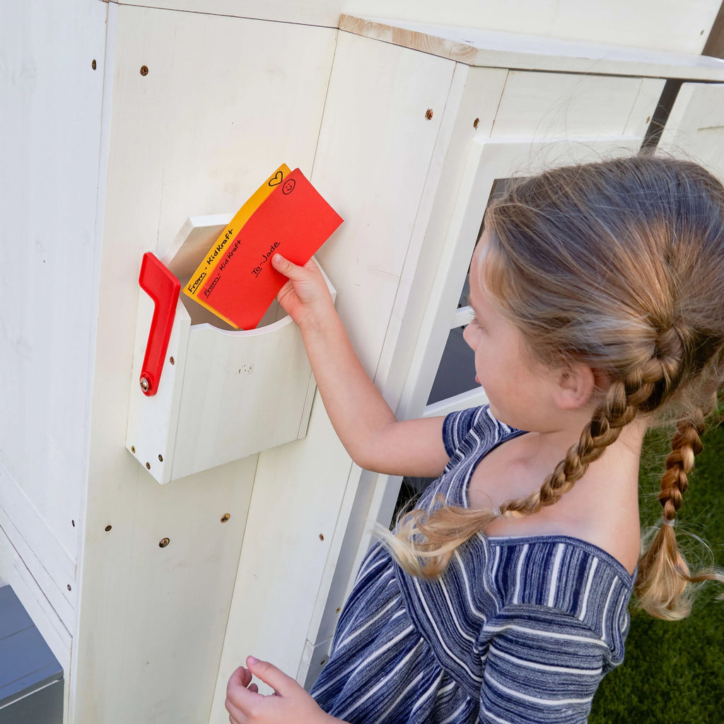 KidKraft Modern Outdoor Wooden Playhouse with Picnic Table, Mailbox & Grill, White P4610