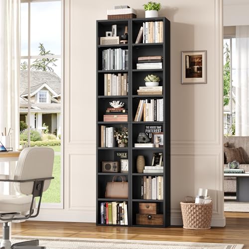 FOTOSOK 8-Tier Media Tower Rack, Tall Narrow Bookcase, Black/Brown W19438