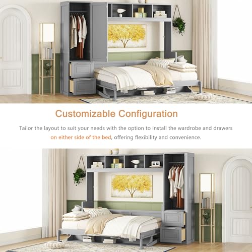 Linique Murphy Cabinet Wall Bed with Closet, Drawers and Top Shelf, Gray K190832