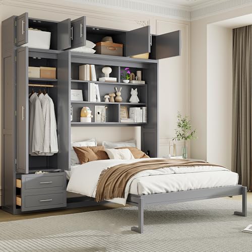 Merax Queen Murphy Bed with Shelves and Wardrobe, White A610744