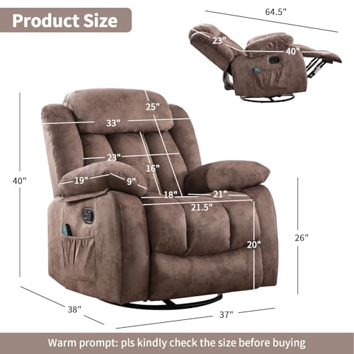 INZOY Massage Swivel Rocker Recliner with Heat and Vibration, Brown G989