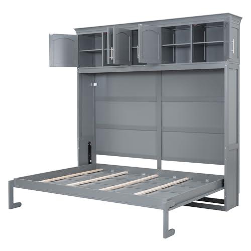 Full Size Murphy Bed with Drawers, Cabinets and USB Ports, Gray D589081