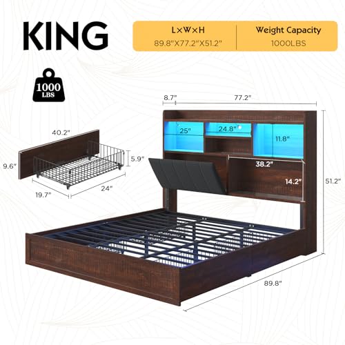 Farmhouse Bed Frame with Bookcase Headboard, LED Storage, Black G550865