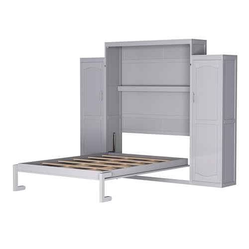 Queen Size Murphy Bed Wall Cabinet with 2 Wardrobes and Storage Shelf, White E955210