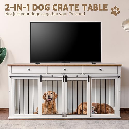 Sunseen Dog Crate Furniture Large Breed Wooden Kennel with Room Divider & 3 Drawer, Double Doors, Black F4828