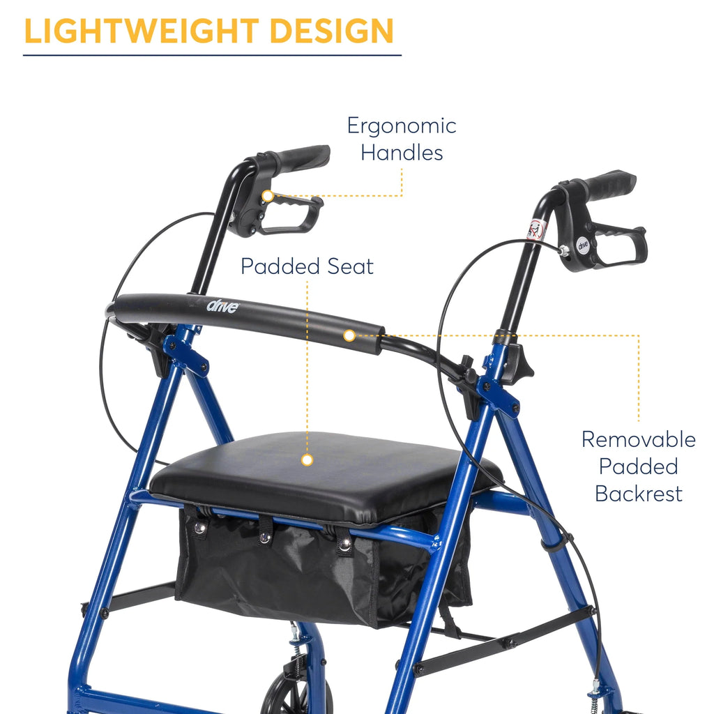 Drive Medical Rollator Walker with 6 Wheels, Padded Seat, Blue Y18032