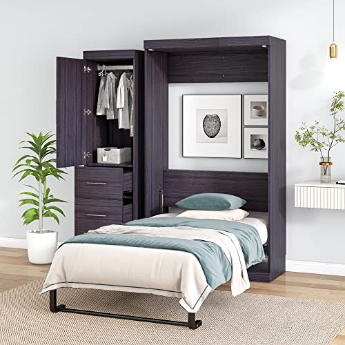 Full Size Murphy Bed with Drawers, Cabinets and USB Ports, Gray D589081