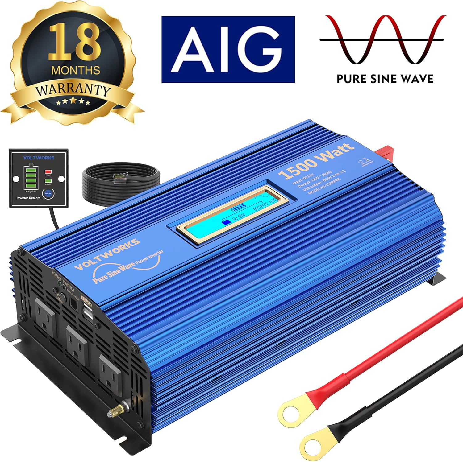 VOLTWORKS 1500W Pure Sine Wave Power Inverter 12V to 110V-120V with Remote Control and Dual USB Ports B91178