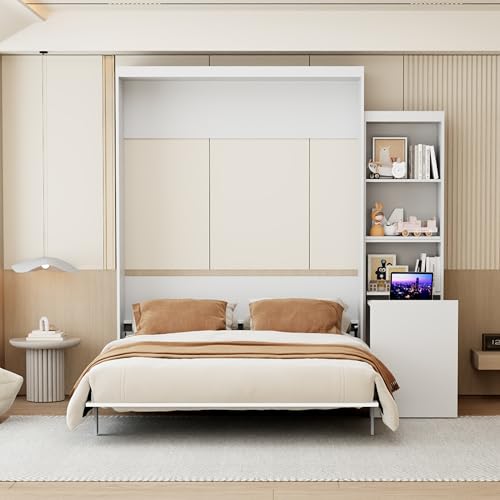 White Full Size Murphy Bed Cabinet with Shelf and Drawers Y948